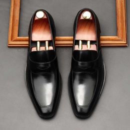 Italy Loafers Shoes Genuine Leather Penny Loafer Slip on Pointed Toe Black Brown Office Wedding Dress Summer Casual Shoe Men