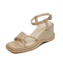 Sandals Genuine Leather Summer Women Wedges Sexy Ankle Strap Black Apricot Beige Open Toe Fashion Comfortable High Heeled Shoes