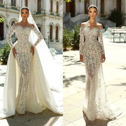 Abiti da sposa con spalle scoperte e graziosi abiti da sposa con sirena in pizzo e gonna oversize con paillettes, abiti da sposa illusione su misura