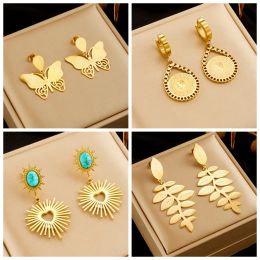 14k Yellow Gold Heart Butterfly Leaf Drop Earrings For Women Girl Fashion Ear Jewellery Gift Party