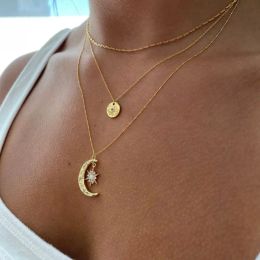 Necklaces 2023 HIGH Quality Gold Plated Classic Fashion Women Dainty Jewelry Paved Clear CZ White Fire Opal Stone Moon Star Charm Necklace