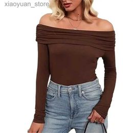 Women's T-Shirt Sexy Off The Shoulder Pleated One-piece Collar T-Shirt Women Fashion Casual Tops Female Autumn Slim Fit Stretch Long Sleeve Tees 240130