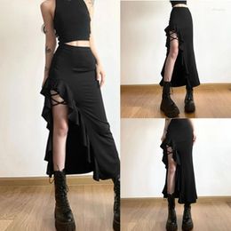 Skirts Women Gothic Punk High Waist Slim-Fit A-Line Bodycon Long Skirt Harajuku Sexy Side Split Ruffle Hem Streetwear