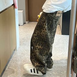 Korean trend designer men's leopard jeans Lazy style loose wide leg pants straight pants couple leopard print pants for women