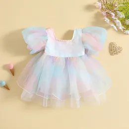 Girl Dresses FOCUSNORM 1-5Y Kids Girls Summer Princess Dress Rainbow Tie-Dye Printed Puff Sleeve Mesh Tulle Party Tutu