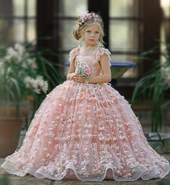 New Pink Lace Princess Flower Girl Dresses Luxury Handmade Flowers Flora Girls Pageant Gowns Formal Cap Sleeve Birthday Party Kids Gowns With Lace-up Back BC18092