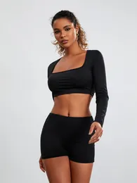 Women's Tracksuits CHQCDarlys Women Workout Sets 2 Piece Yoga Outfits Casual Long Sleeve Square Neck Crop Tops And Shorts Set Activewear