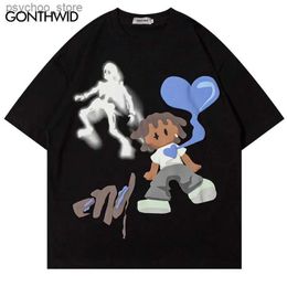 Men's T-Shirts Harajuku Graphic Men Tshirt Streetwear Hip Hop Cartoon Skull Heart Print Oversized T Shirt 2023 Men Fashion Loose Cotton Tee Top Q240130