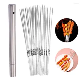 Tools Barbecue Skewer With Storage Tube Stainless Steel BBQ Needle Stick Reusable Flat Grill Sticks Outdoor Camping Picnic Accessories