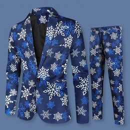 2 PcsSet Men Jacket Pants Suit Cartoon Santa Snowflake Print Men Jacket Trousers Set Men Year Party Coat Trousers Set 240125