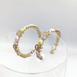 18k gold plated rhinestone hoop earrings Alluring purple light pink flower form Fashion brand designer earrings for women weddi266L