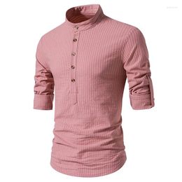 Men's Casual Shirts Pink Striped Button Up Shirt Men 2024 Brand Slim Fit Long Sleeve Henley Roll Hippie Beach Chemise Homme