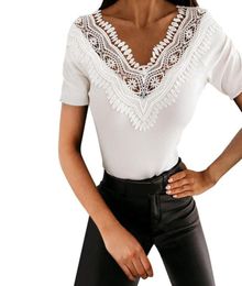 Women039s TShirt Summer Woman Elegant Lace Trim Short Sleeve Top Fashion Crochet Hollow Out V Neck Tshirts Plain Tops5253906