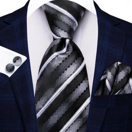 Bow Ties Gift Men Tie Black Grey Striped Design Silk Wedding For Handky Cufflink Set Hi-tie Party Business Fashion Wholesale