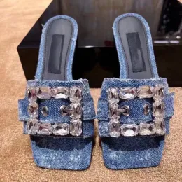 Patchwork Denim Jeans Crystal-embellished Slides Slippers Mule Sandals flat heels square open toe women's luxury designers Casual Fashion shoes factory shoes