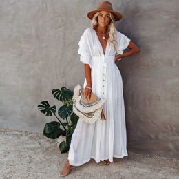 Basic Casual Dresses Womens swimsuit cover Ups Mandarin sleeves Kaftan Beach Tunic dress Robe De Plage pure white Pareo Beach cover Ups J240130