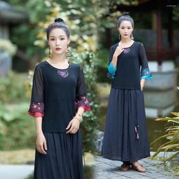 Ethnic Clothing 2024 Traditional Chinese Vintage Mesh Sleeve Shirt National Flower Embroidery O-neck T-shirt Retro Base Streetwear