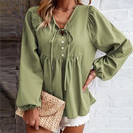 Women's Blouses Casual Lantern Long Sleeve Cotton Shirts For Women Tops Vintage V-neck Loose Oversize Blouse Shirt Summer Boho Beach Blusas