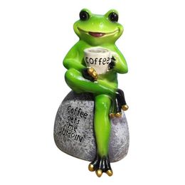 Garden Decorations Frog Sitting On Stone Sculpture Cute Desktop Resin Coffee Cup Statue Outdoor Home Park Landscape Figurines281d