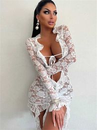 Basic Casual Dresses Women's Spring 2024 Dress Mini Party Club Party Long Sleeve Bandage Sexy Mesh Lace White Black Dress Women's J240130