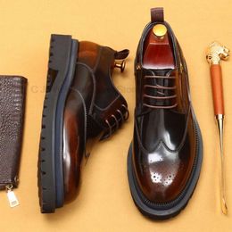 Italian Oxfords Genuine Leather Brogue Round Head Wedding Party Dress for Men Lace-up Office Formal Derby Shoes