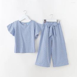 Clothing Sets 2024 Summer Spring Teenager Girls Child Clothes Batwing Chiffon Outfits Striped Blouse Shirts Cropped Wide-leg Pant 12 Year