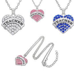 Teamer Clear Blue Pink Crystal Heart Engraved Teacher Pendant Necklace With Link Chain Fashion Jewellery For Teacher's Day Gift298c