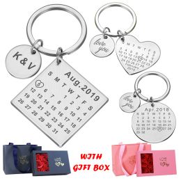 Chains Personalised Custom Key Chain Engraved Calendar Date Stainless Steel Wedding Anniversary Gift with Box for Boyfriend Husband
