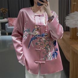 Ethnic Clothing High Quality Women's Spring Acetate Fabric O-Neck Long Sleeve Vintage Flower And Bird Embroidery Elegant Jacket S-XXL