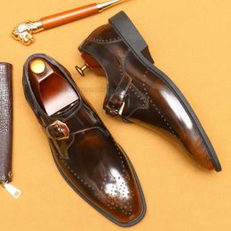 Brand Designer Mens Dress Classic Genuine Leather Buckle Monk Strap Dark Brown Black Office Business Formal Oxford Shoes