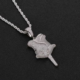 Iced Out Rose Flower Necklace Pendant Gold Silver Rosegold Cubic Zircon Bling Men Hip Hop Jewelry287y