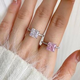Cluster Rings S925 Women's Sterling Silver Ring 8A High Carbon Square Zircon Inlaid Four Claw Flower Cut Wedding