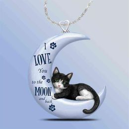 Exquisite Blue Moon Cat Pendant Necklace for Women Cute Crescent Pendant Necklace Wedding Engagement Jewelry Gift for Daughter G12283C