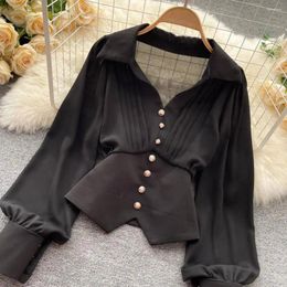 Women's Blouses Women Shirt French Style Lapel V-neck Puff Long Sleeve Blouse Solid Color Buttons Decor Irregular Hem Tops Clothing