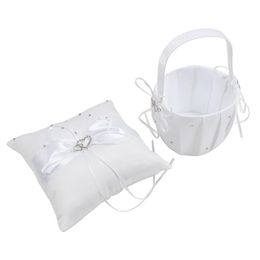 2 Heart Rhinestones Ivory Satin Flower Girl Basket and Ring Pillow Set bleach309e