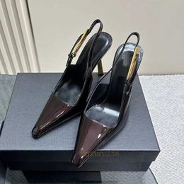 Designer slingbacks sandals patent leather pointed toe stiletto pumps luxury lady brown sexy heels office dress shoes