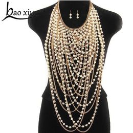 Exaggerated beaded super long pendants necklace women trendy pearl choker necklace body Jewellery gold shoulder chain Y2009182958