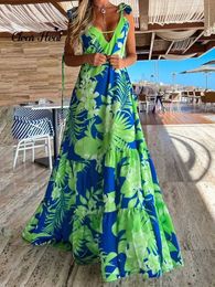 Basic Casual Dresses Women's printed V-neck shoulder strap Maxi dress summer fashion sleeveless hollow dress sexy backless holiday beach women's tank top J240130