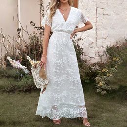 Basic Casual Dresses White lace long dress women's embroidered elegant dress women's hollow casual beach dress women's V-neck short sleeved Bohemian dress J240130