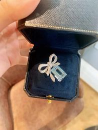 Cluster Rings Charm Bowknot Aquamarine Diamond Ring Real 925 Sterling Silver Party Wedding Band For Women Bridal Engagement Jewellery