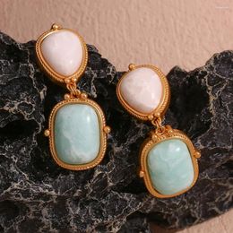 Stud Earrings E B Belle Official Store Natural Stone White Jade Amazonite Drop Stainless Steel Waterproof Golden Gemstone Earring