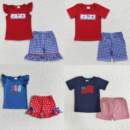 Clothing Sets Wholesale Baby Girl July 4th Summer Set Children Toddler Short Sleeves Embroidery Flag Shirt Tee Kids Infant Plaid Shorts