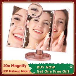 Mirrors Bji Led Makeup Mirror Touch Screen 3 Folding 22 Led Lights Cosmetic Mirrors Dropshipping 2x 3x 10x Magnifier Beauty Table Mirror