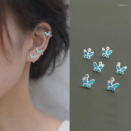 Stud Earrings Real 925 Sterling Silver Butterfly For Women Small Korean Style Blue Enamel Earring Girl Birthday Piercing Jewelry