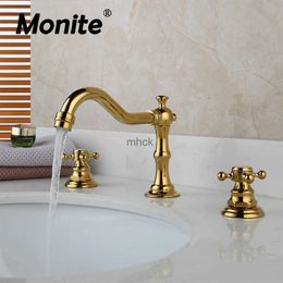 Kitchen Faucets Monite Antique Brass Bathroom Kitchen Sink Faucet Basin Mixer Tap 2 Handles 3 Pcs Bathtub Basin Faucet Matte Black Nickel Gold 240130