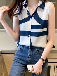 Women's Blouses Summer Womens Tops Chiffon Blouse For Women Sleeveless Vest Button Up Shirt OL Fashion Female Clothing Stripe Casual Shirts