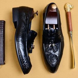 Crocodile Print Fashion Mens Loafers Genuine Leather Handmade Tassel Casual Business Dress Shoes Party Wedding Men's Footwear