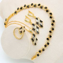 Necklaces Gold Colour Jewellery Set for Women Black White Zircon Bracelet Earrings Necklace Pendant Ring Birthday Gift