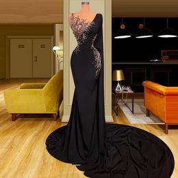 Элегантные черные вечерние платья с длинными рукавами Сексуальная русалка с прозрачным вырезом и вышивкой Аппликации Со складками Длинное вечернее платье для выпускного вечера Vestidos BC18139