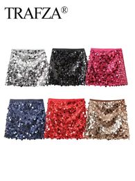 TRAFZA Women Sequins Skirt High Waist Sexy Party Mini Side Zipper Elegant Female Y2k Chic Rose Red Skirts Mujer 24030